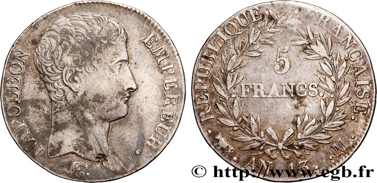 5 francs Napoléon Empereur, Calendrier révolutionnaire 1805 Toulouse F.303/13 TB 