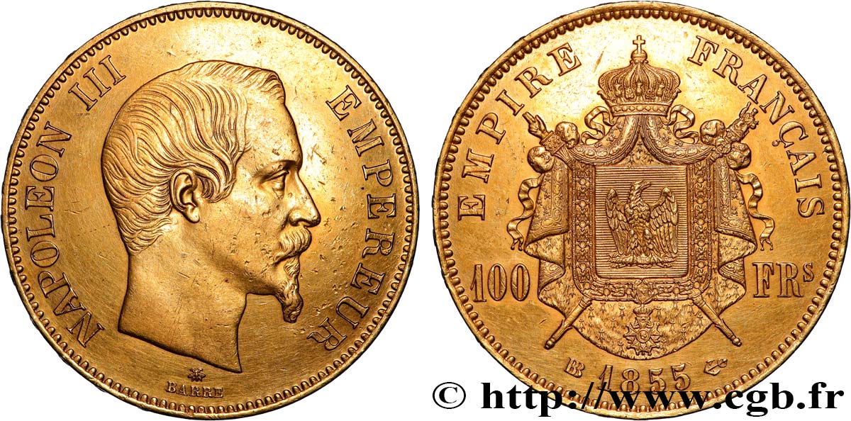 100 francs or Napoléon III, tête nue 1855 Strasbourg F.550/2 MBC+ 