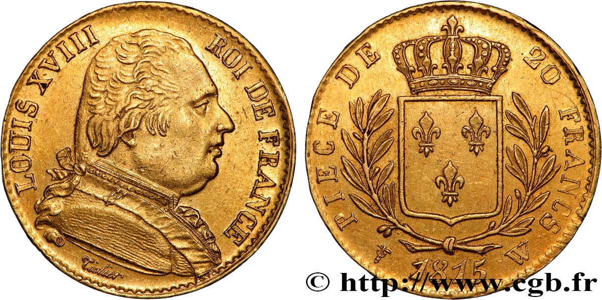 20 francs or Louis XVIII, buste habillé 1815 Lille F.517/18 TTB+ 
