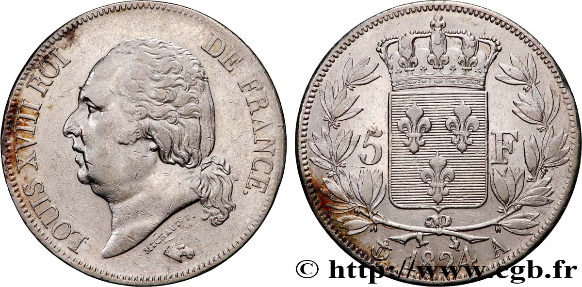 5 francs Louis XVIII, tête nue 1824 Paris F.309/88 TTB 