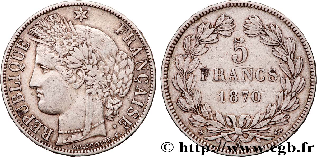 5 francs Cérès, sans légende 1870 Paris F.332/1 TTB 