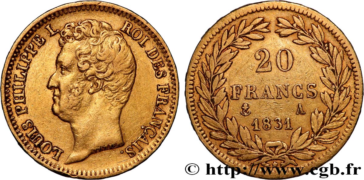 20 francs or Louis-Philippe, Tiolier, tranche inscrite en relief 1831 Paris F.525/2 SS 