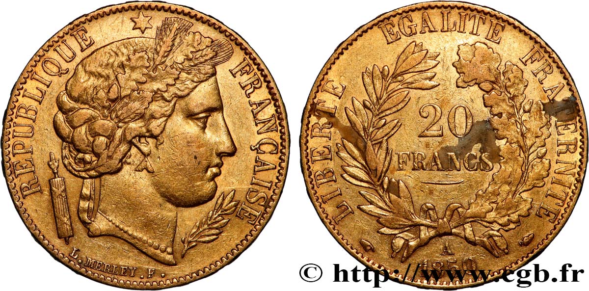 20 francs or Cérès 1850 Paris F.529/3 BB 