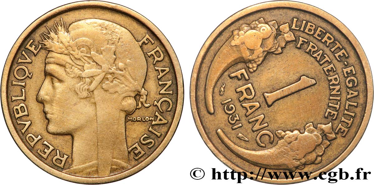 1 franc Morlon, Fautée coins tournés +8 min/+48° 1931 Paris F.219/2 var. S 