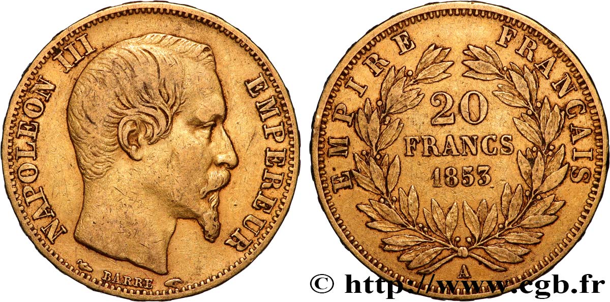 20 francs or Napoléon III, tête nue 1853 Paris F.531/1 SS 