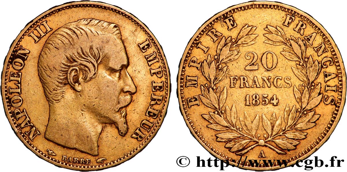 20 francs or Napoléon III, tête nue 1854 Paris F.531/2 VF 