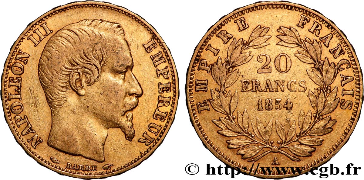 20 francs or Napoléon III, tête nue 1854 Paris F.531/2 BB 