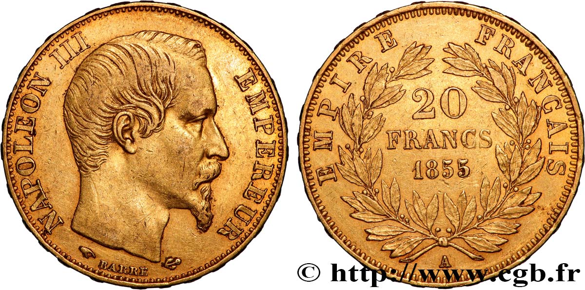 20 francs or Napoléon III, tête nue 1855 Paris F.531/4 fVZ 