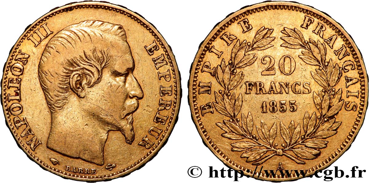 20 francs or Napoléon III, tête nue 1855 Paris F.531/4 q.BB 