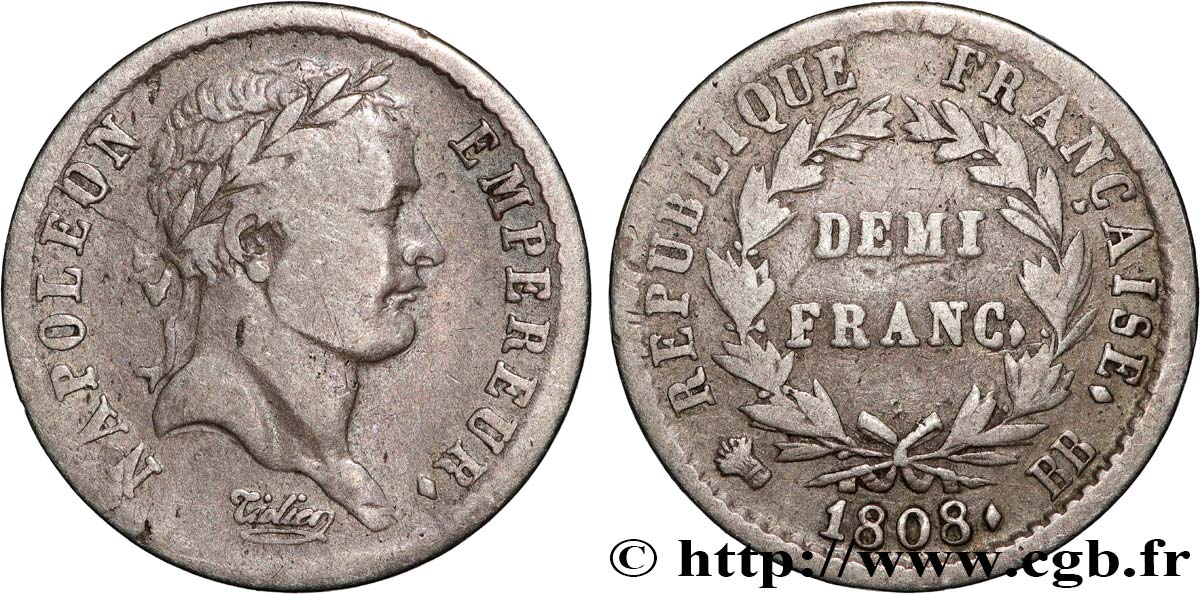 Demi-franc Napoléon Ier tête laurée, République française, buste fin 1808 Strasbourg F.177/4 S 