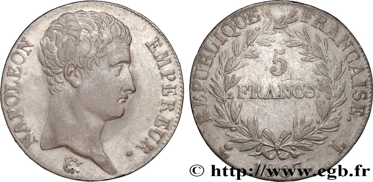5 francs Napoléon Empereur, Calendrier grégorien 1807 Bayonne F.304/18 TB+ 