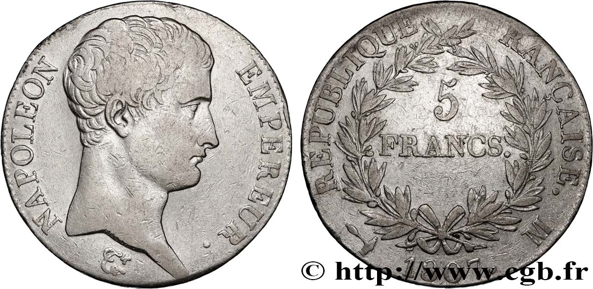 5 francs Napoléon Empereur, Calendrier grégorien 1807 Toulouse F.304/19 VF 