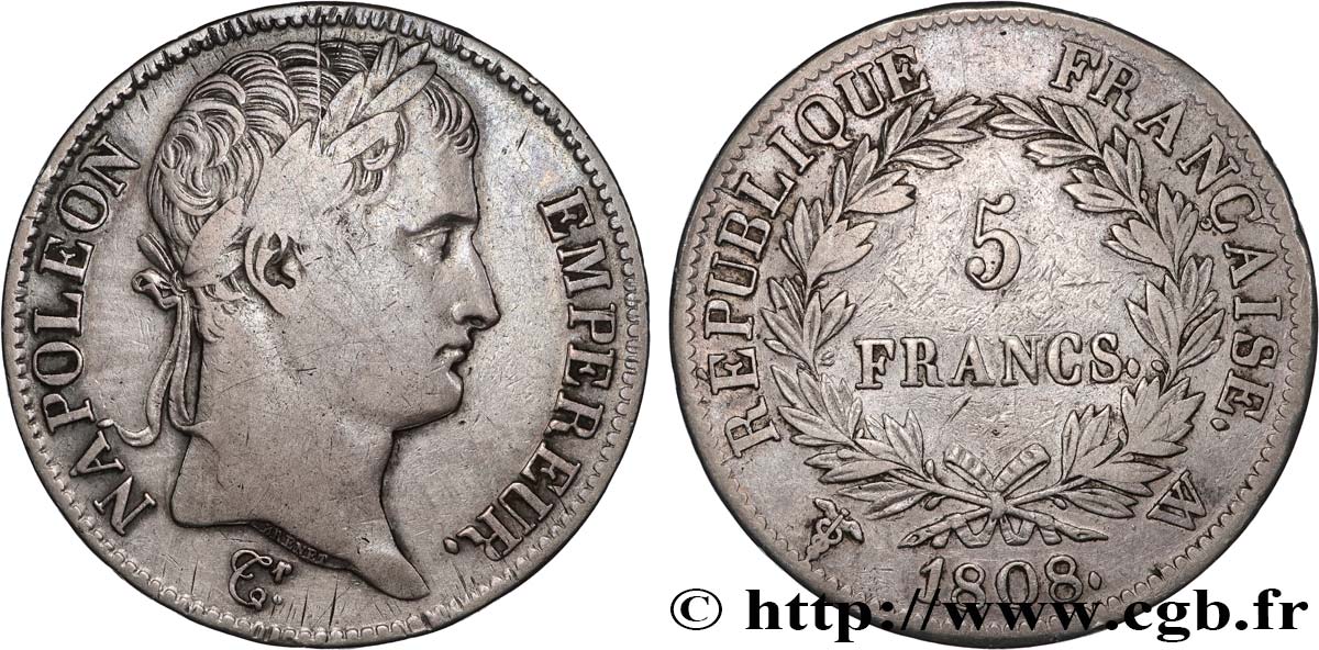 5 francs Napoléon Empereur, République française 1808 Lille F.306/15 q.BB 