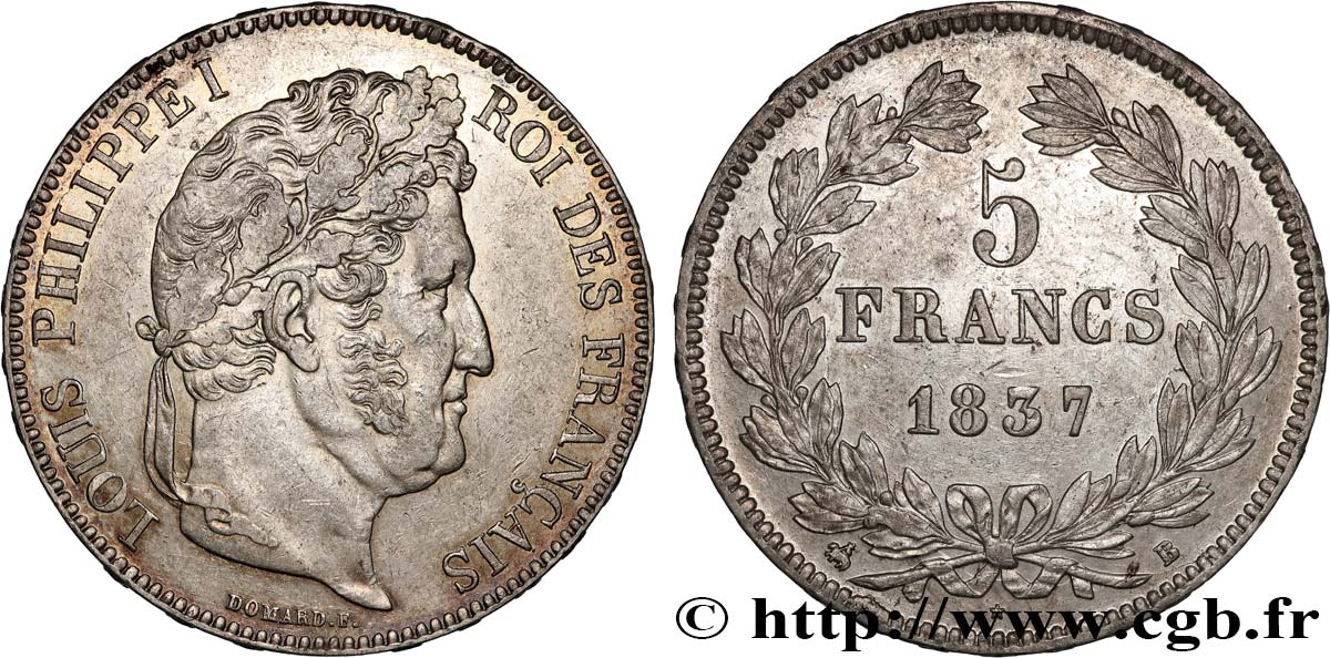 5 francs IIe type Domard 1837 Rouen F.324/62 TTB+ 