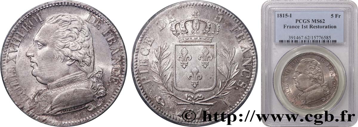 5 francs Louis XVIII, buste habillé 1815 Limoges F.308/20 SUP62 PCGS