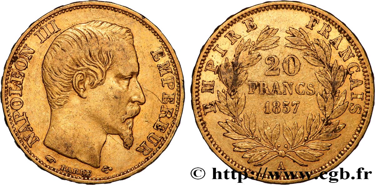 20 francs or Napoléon III, tête nue 1857 Paris F.531/12 BB 