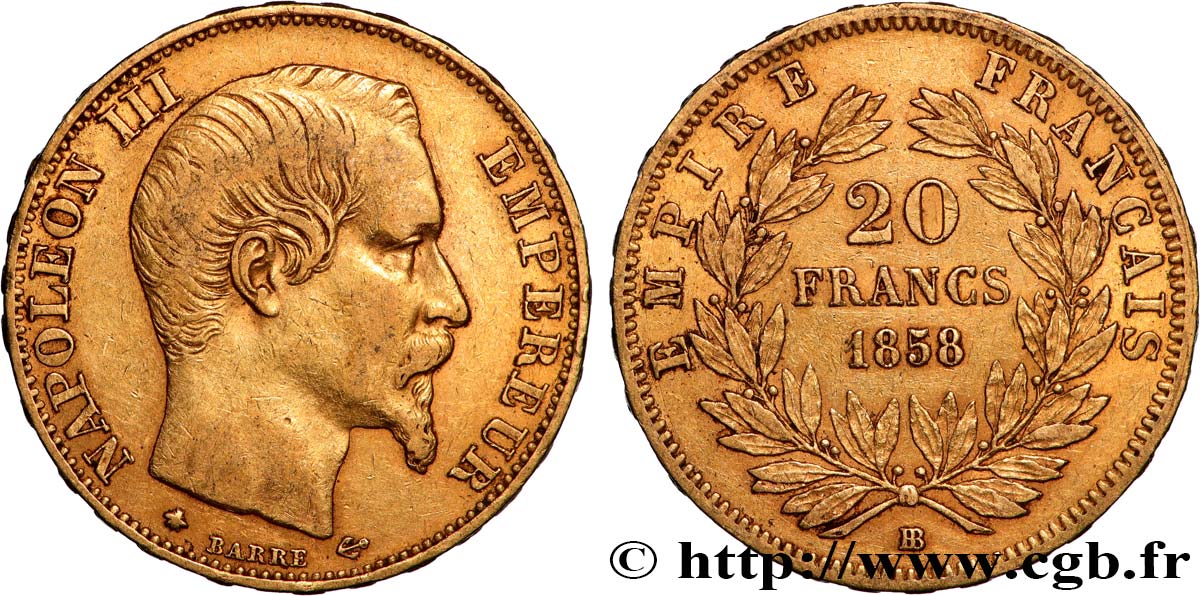 20 francs or Napoléon III, tête nue 1858 Strasbourg F.531/14 XF 
