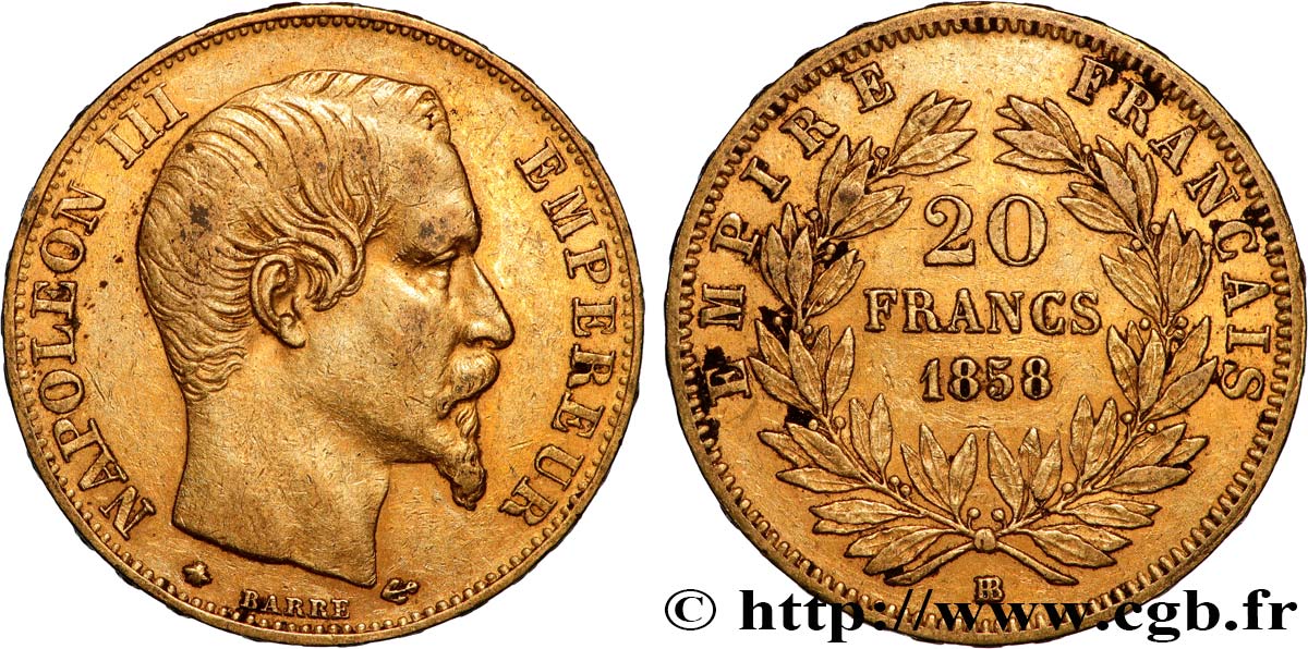 20 francs or Napoléon III, tête nue 1858 Strasbourg F.531/14 XF 