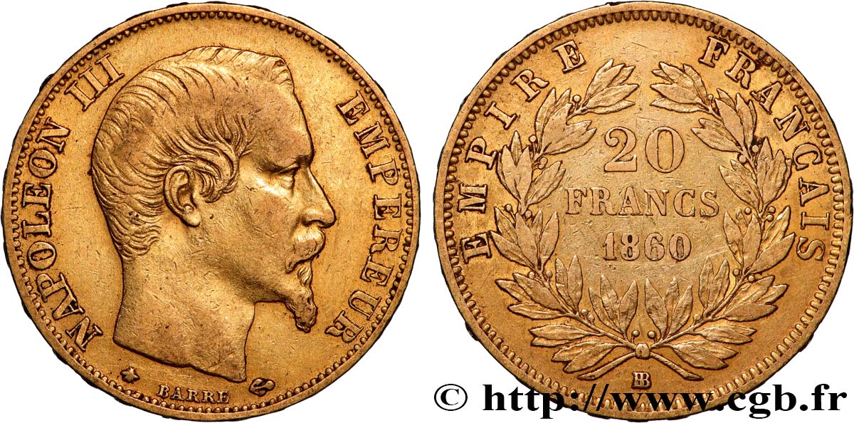 20 francs or Napoléon III, tête nue 1860 Strasbourg F.531/19 TB+ 