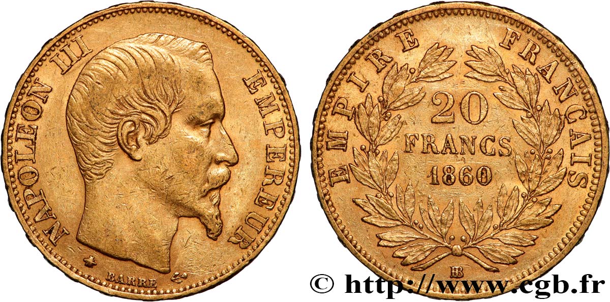 20 francs or Napoléon III, tête nue 1860 Strasbourg F.531/20 q.SPL 