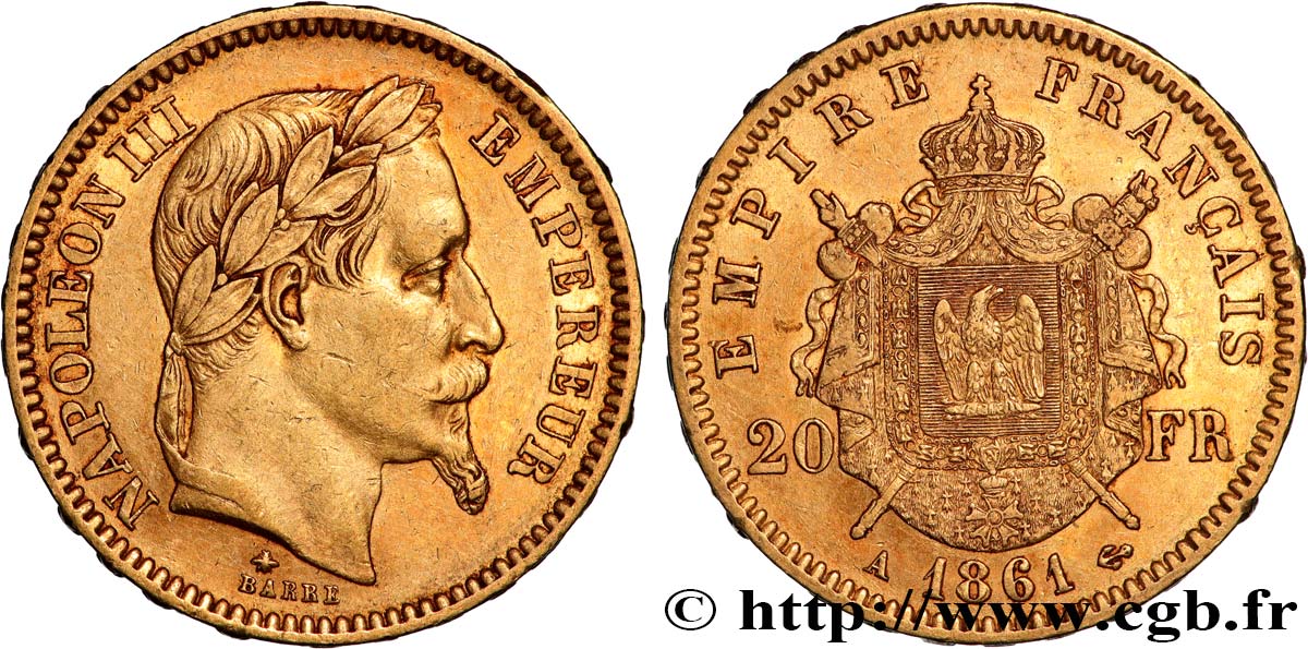 20 francs or Napoléon III, tête laurée 1861 Paris F.532/1 XF 