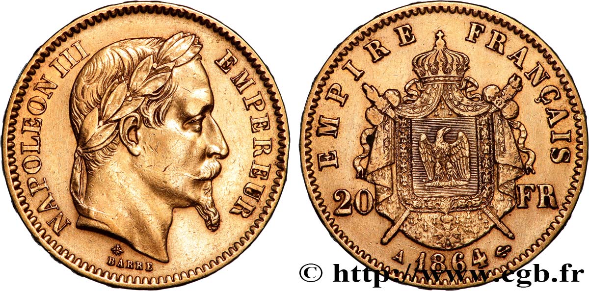 20 francs or Napoléon III, tête laurée 1864 Paris F.532/8 MBC 