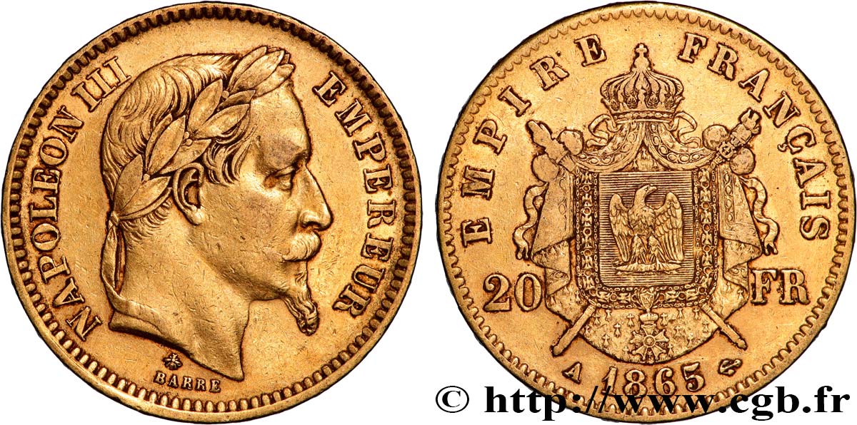 20 francs or Napoléon III, tête laurée 1865 Paris F.532/11 TTB 