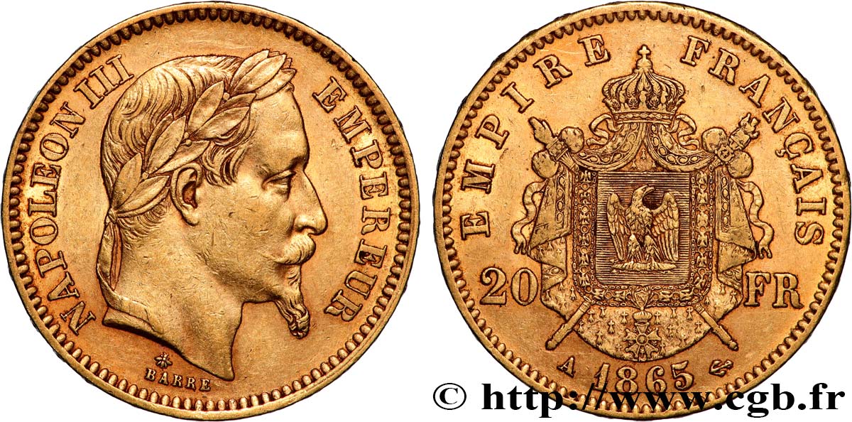 20 francs or Napoléon III, tête laurée 1865 Paris F.532/11 q.SPL 