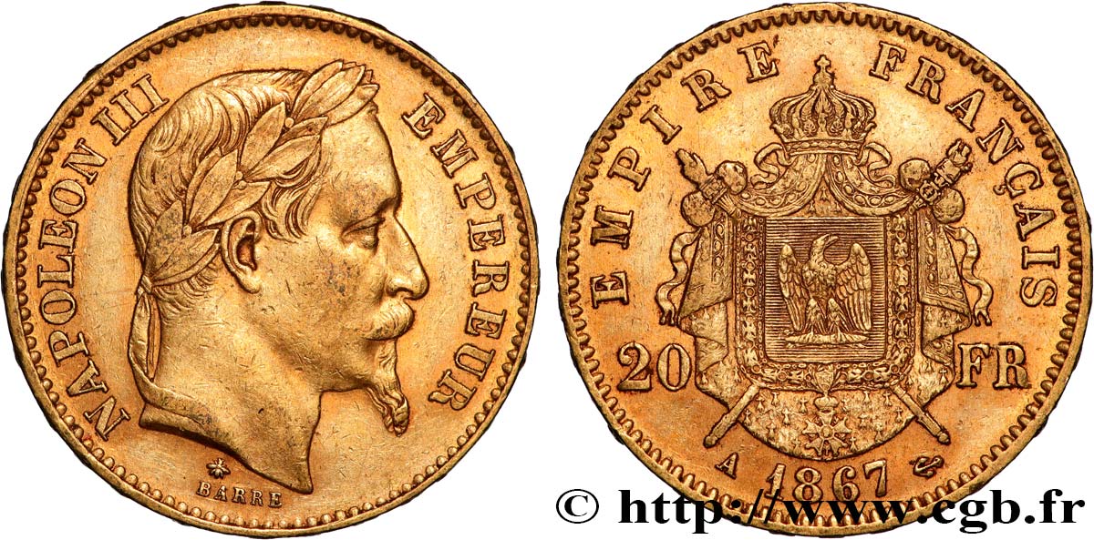 20 francs or Napoléon III, tête laurée 1867 Paris F.532/15 SS 