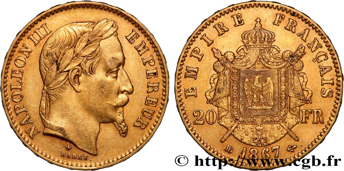 20 francs or Napoléon III, tête laurée 1867 Strasbourg F.532/16 TTB 