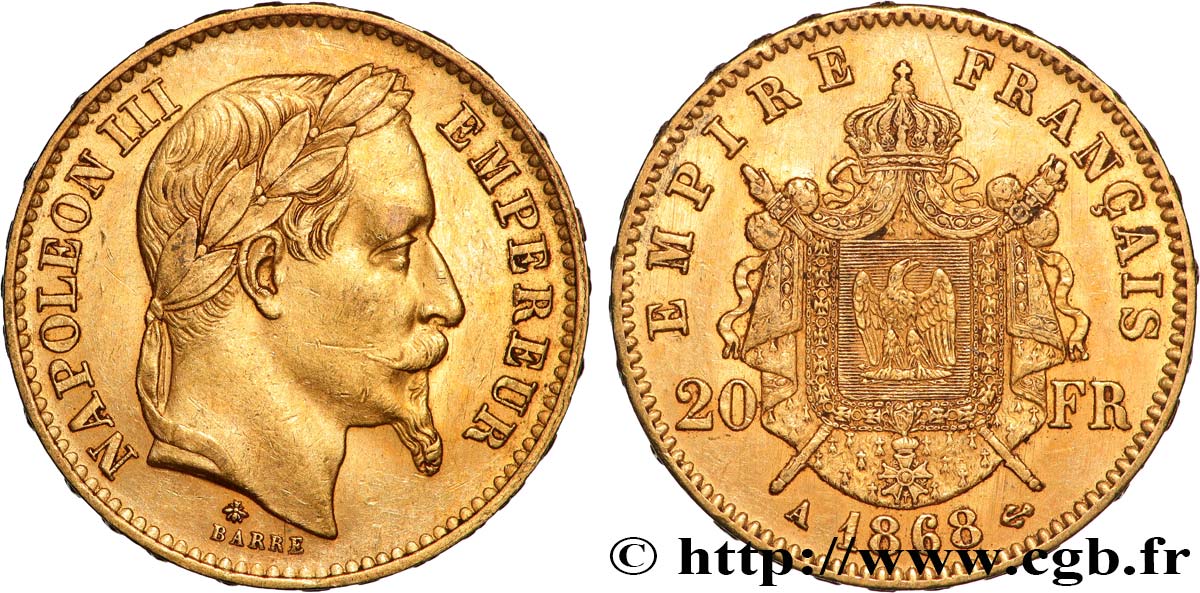 20 francs or Napoléon III, tête laurée 1868 Paris F.532/18 q.SPL 