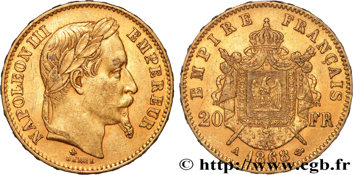 20 francs or Napoléon III, tête laurée 1868 Paris F.532/18 q.SPL 