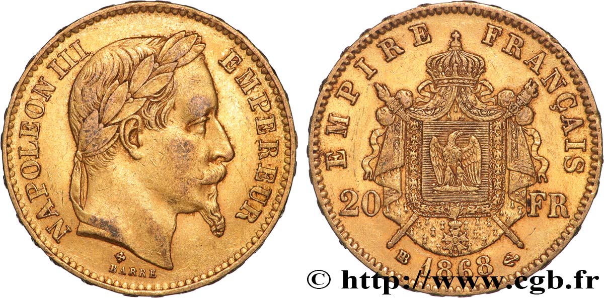 20 francs or Napoléon III, tête laurée 1868 Strasbourg F.532/19 BB 