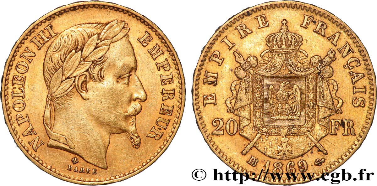 20 francs or Napoléon III, tête laurée, grand BB 1869 Strasbourg F.532/22 fVZ 