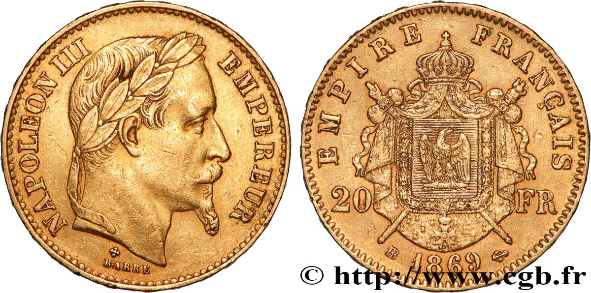 20 francs or Napoléon III, tête laurée 1869 Strasbourg F.532/21 MBC 