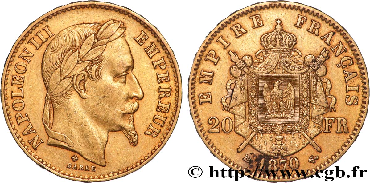 20 francs or Napoléon III, tête laurée 1870 Strasbourg F.532/24 MBC+ 