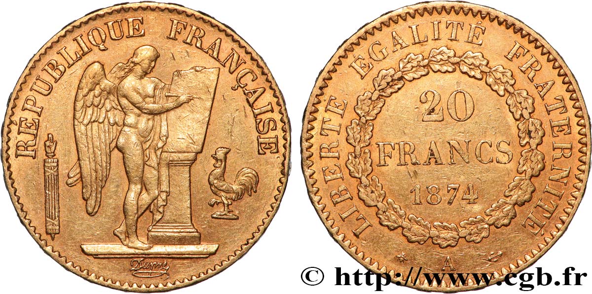 20 francs or Génie, Troisième République 1874 Paris F.533/2 fVZ 