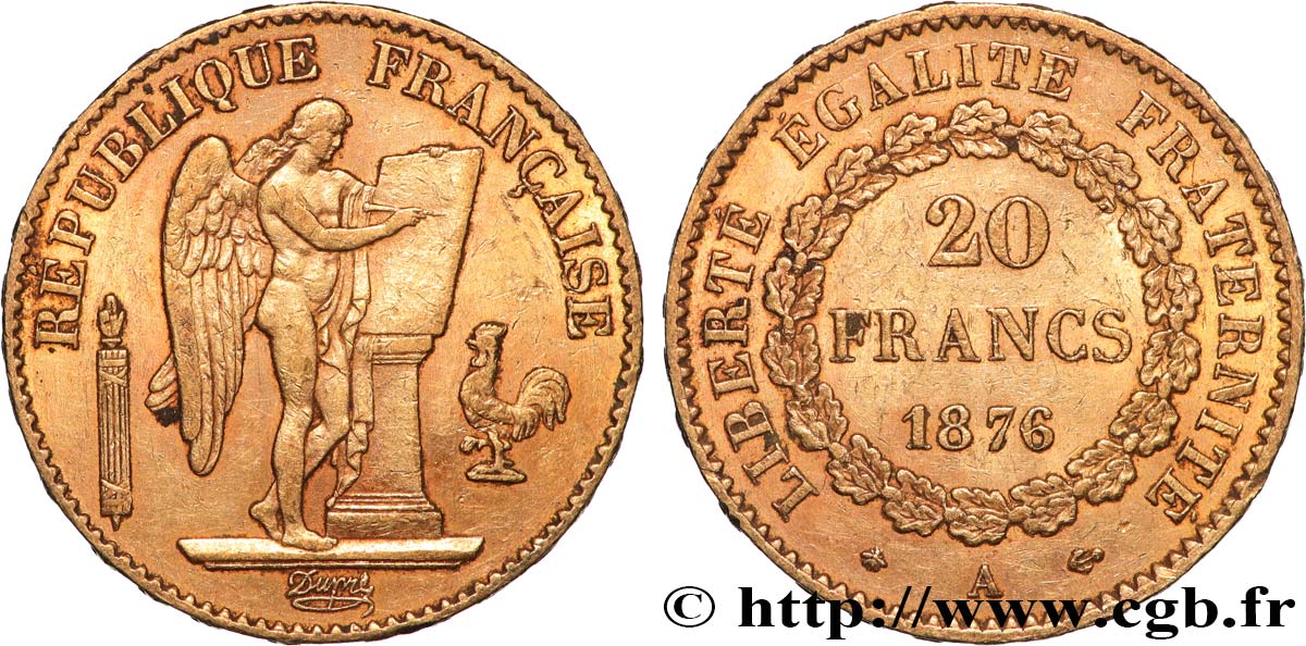 20 francs or Génie, Troisième République 1876 Paris F.533/4 XF 