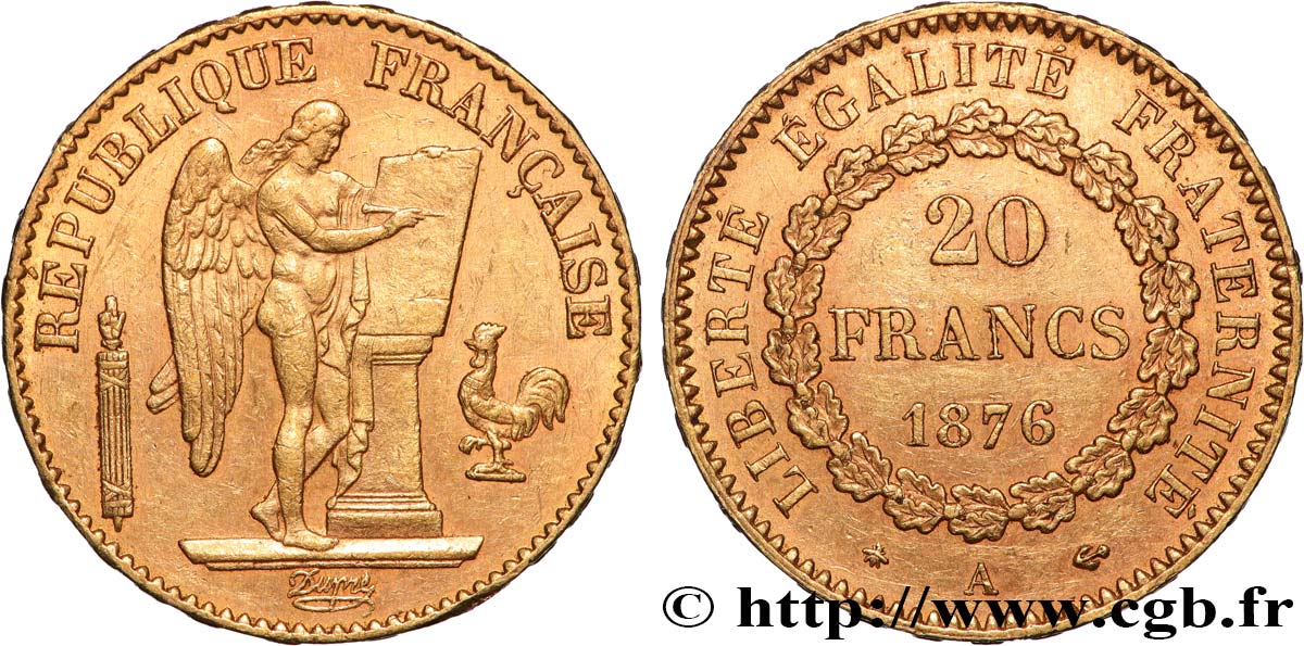 20 francs or Génie, Troisième République 1876 Paris F.533/4 MBC+ 