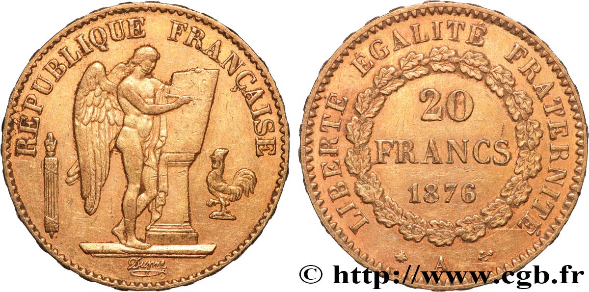 20 francs or Génie, Troisième République 1876 Paris F.533/4 AU 
