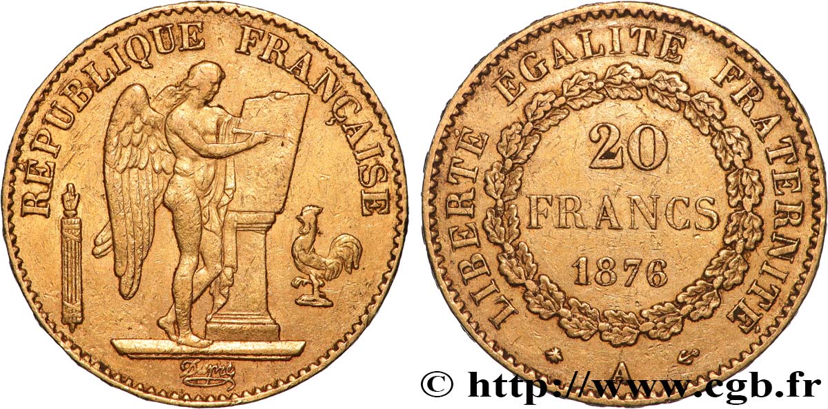 20 francs or Génie, Troisième République 1876 Paris F.533/4 MBC 