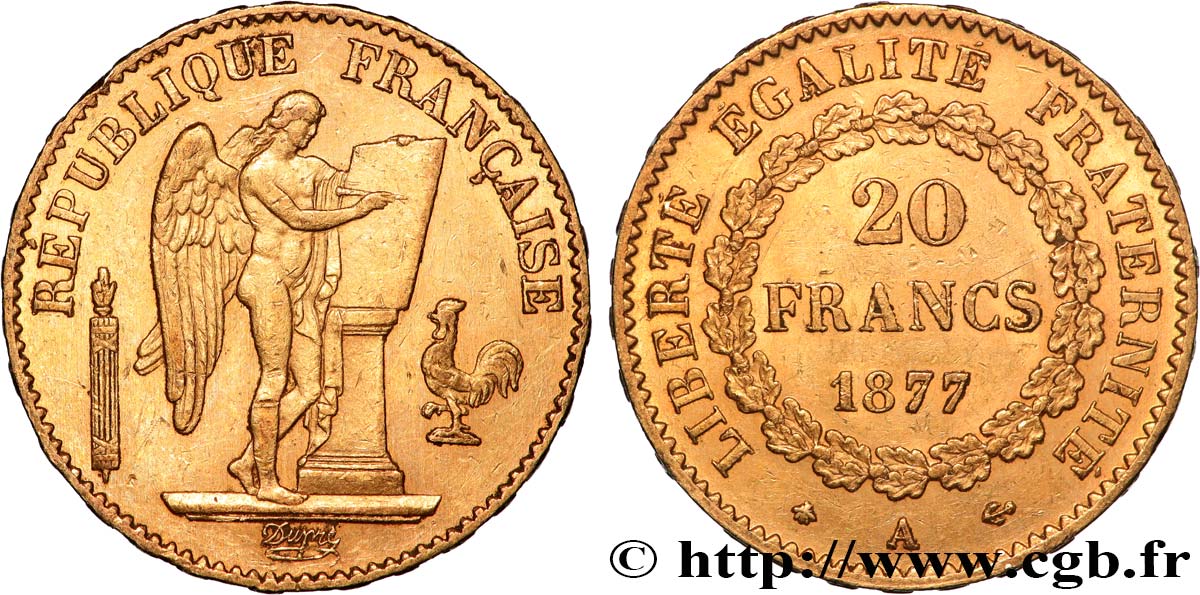 20 francs or Génie, Troisième République 1877 Paris F.533/5 MBC+ 