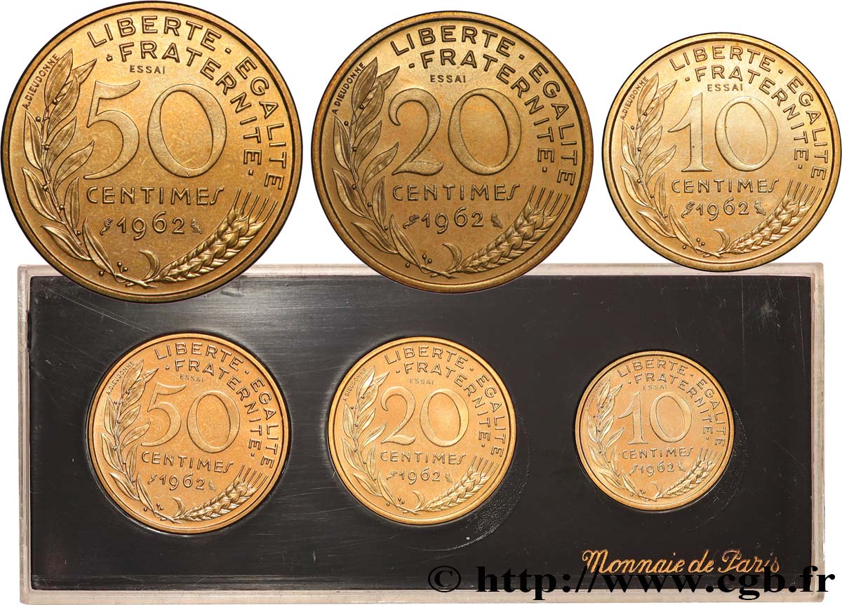 Boîte de trois essais de 50, 20 et 10 centimes Marianne 1962 Paris F.144/1 SPL 