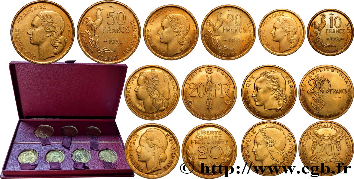 Boîte rouge contenant sept essais : les essais de 50 francs, 20 francs et 10 francs Guiraud + quatre essais du concours de 20 francs 1950 Paris GEM.210 3 SUP+/FDC 