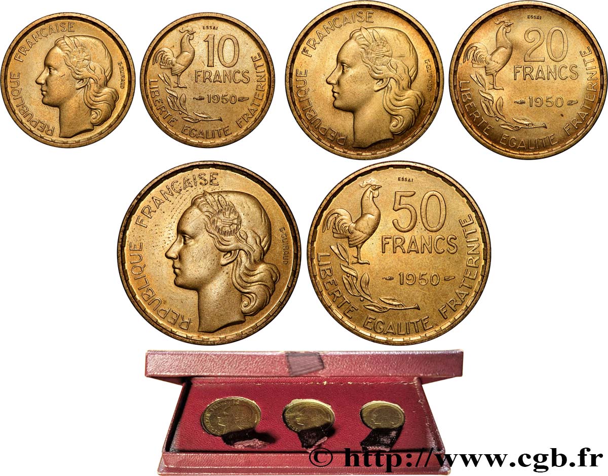 Lot des trois Essais de 10, 20 et 50 francs Guiraud 1950 Paris F.363/1 EBC/SC 