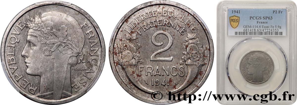 Essai en fer de 2 francs Morlon, flan épais 1941 Paris GEM.114 4 SC63 PCGS