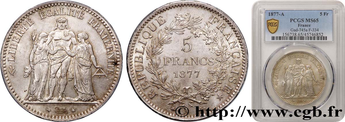 5 francs Hercule 1877 Paris F.334/19 ST65 PCGS