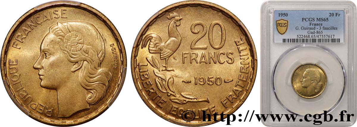 20 francs G. Guiraud, 3 faucilles 1950  F.402/2 FDC65 PCGS