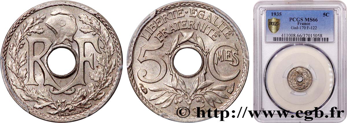 5 centimes Lindauer, petit module 1935 Paris F.122/18 MS66 PCGS