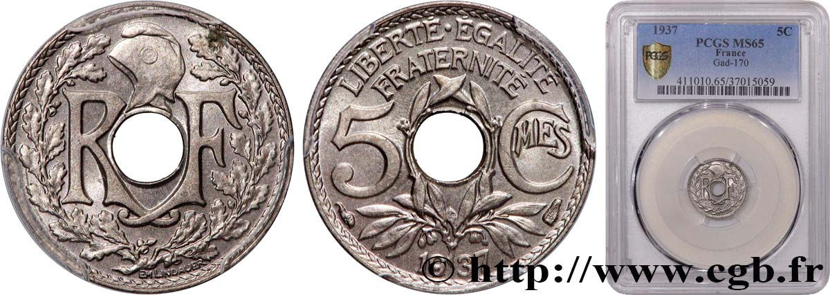 5 centimes Lindauer, petit module 1937 Paris F.122/20 MS65 PCGS
